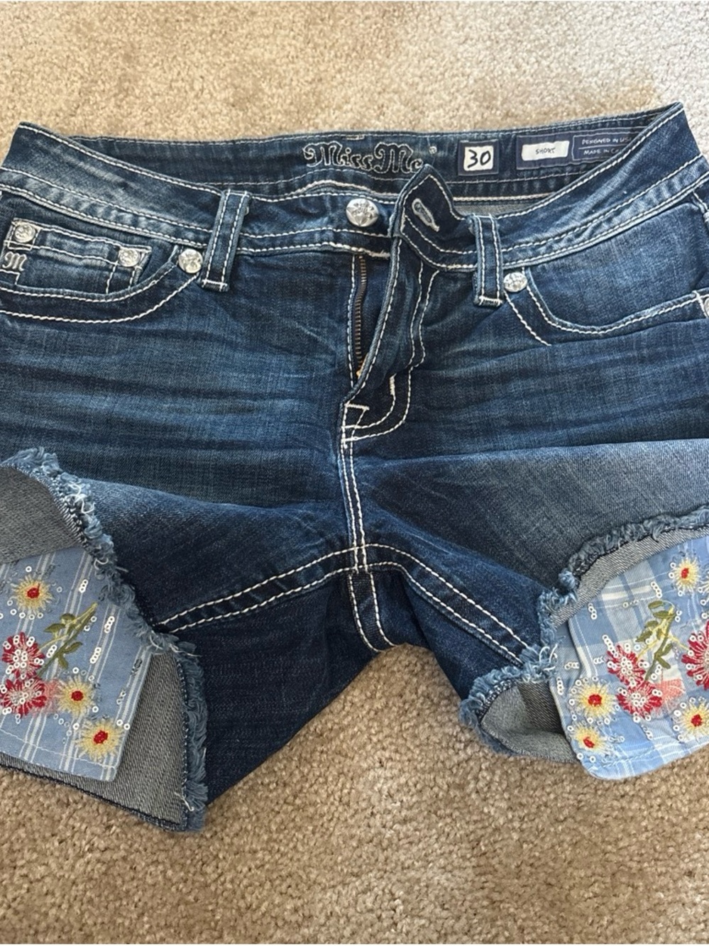 Miss Me Blue Embroidered Cuff Denim Shorts